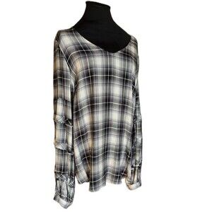 Jane & Delancey Women's Gray/Blue Plaid Flannel Bell Sleeve Blouse Size S